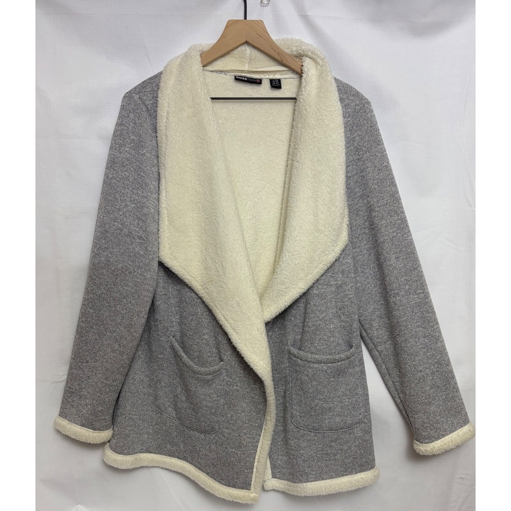 Swiss Tech Cardigan Women XL Gray Excellent Sherpa Lined Open Front Jacket